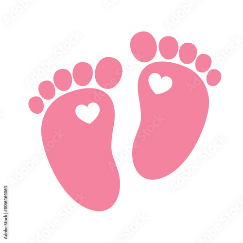 Baby footprint vector illustration in pink colors featuring heart symbols
