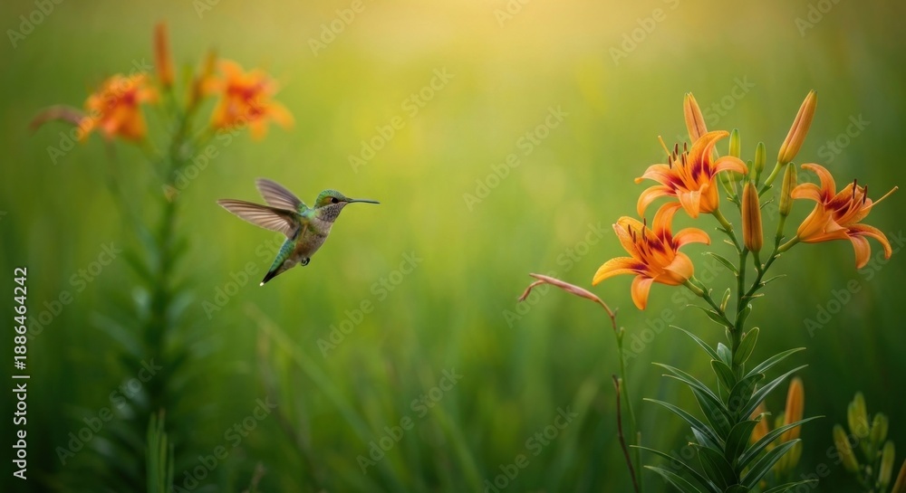 Fototapeta premium Hummingbird in flight near vibrant orange lilies against blurred green background