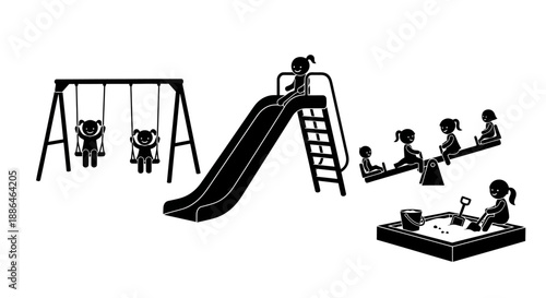 Children playing on playground equipment including swings slide and sandbox.