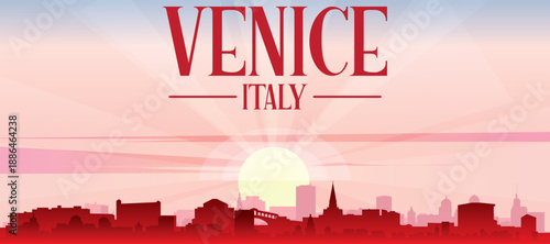 Red panoramic poster of the city skyline with misty background buildings, sunrise, moon and clouds of VENICE, ITALY