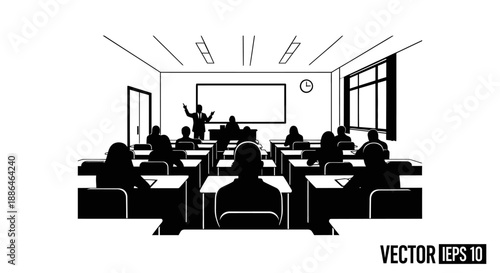 Teacher lecturing students in a classroom setting with desks and chairs.