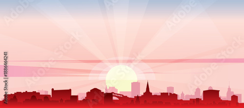 Red panoramic poster of the city skyline with misty background buildings, sunrise, moon and clouds of VENICE, ITALY