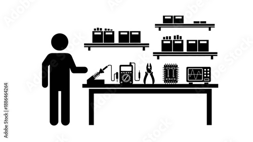 Electronics repair workbench with technician and tools.