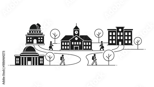 University campus buildings and students walking on paths.