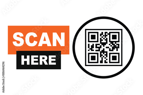 Minimalist QR code scan icon with bold "SCAN HERE" text in orange and black blocks. Clean vector sign for digital access, contactless menus, and mobile payments on a white background.