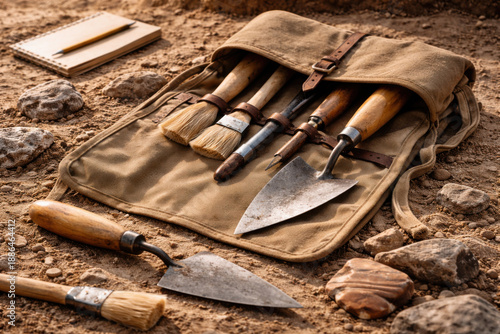 Photorealistic Archaeological Field Kit with Trowel, Brush, and Cloth Bag