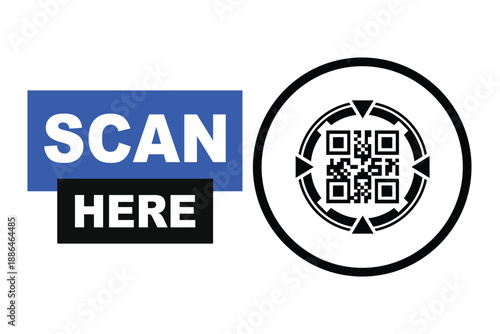 Minimalist QR code scan icon with bold "SCAN HERE" text in blue and black blocks. Clean vector sign for digital access, contactless menus, and mobile payments on a white background.