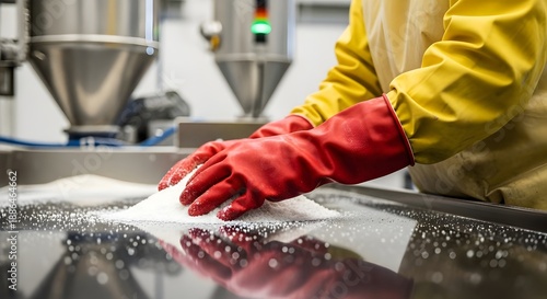 scientist working at the laboratory, Worker in Protective Gloves Handling White Plastic Resin Pellets in Factory