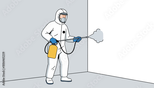 Person in hazmat suit spraying disinfectant in a room