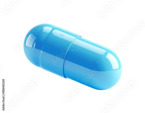 A vibrant blue, glossy, capsule-shaped medicine on a black background