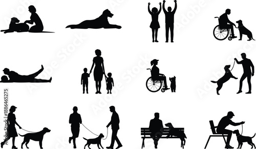 People and dog silhouettes, family activities, pet care, walking, training, disability support, companionship, outdoor lifestyle moments, black vector illustration collection, minimal design