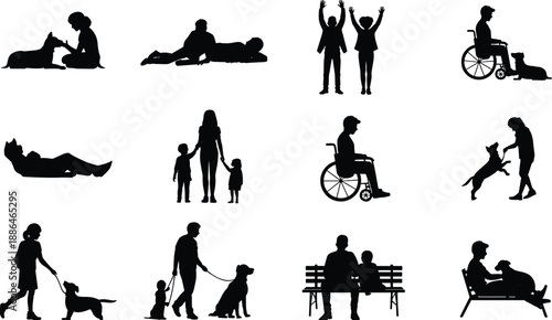 People and dog silhouettes, family bonding moments, disability support, wheelchair lifestyle, pet care, walking and training scenes, black vector illustration collection