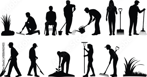 People gardening and landscaping silhouettes, men and women working with rakes, shovels and watering cans, black vector illustration set for outdoor garden concepts
