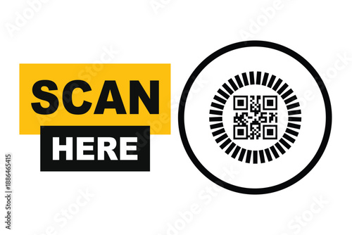 Minimalist QR code scan icon with bold "SCAN HERE" text in yellow and black blocks. Clean vector sign for digital access, contactless menus, and mobile payments on a white background.
