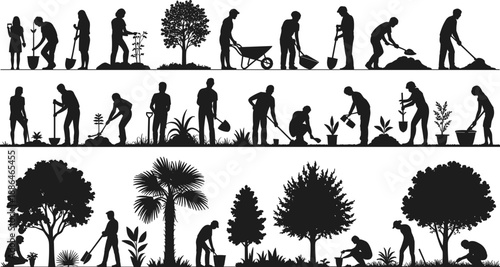 People gardening and planting trees outdoors, silhouettes of men and women working with tools and plants, black vector illustration collection for nature concepts