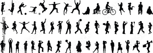 People activity silhouettes set featuring sports, walking, jumping, cycling, dancing, daily actions, diverse human poses, black vector illustration isolated on white background