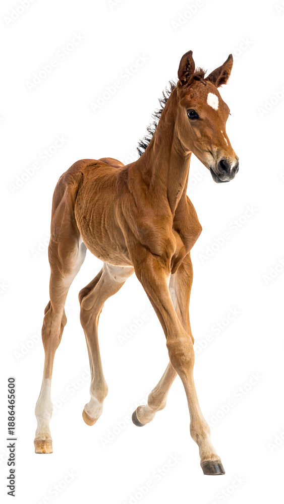 Fototapeta premium Elegant Foal Walking on Isolated White Background
