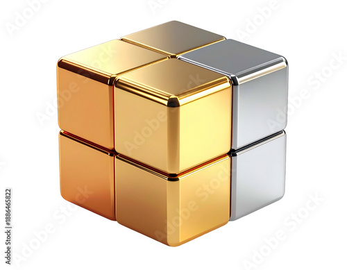 A three-dimensional cube composed of gold and silver metallic blocks