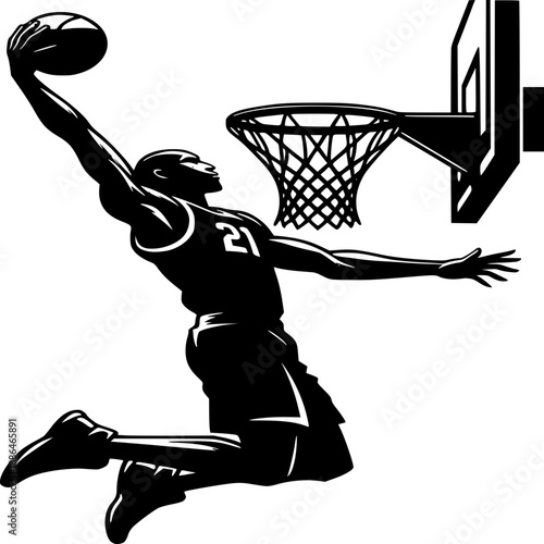 Black and white vector illustration of a basketball player silhouette holding a ball in a sporty cartoon art style
