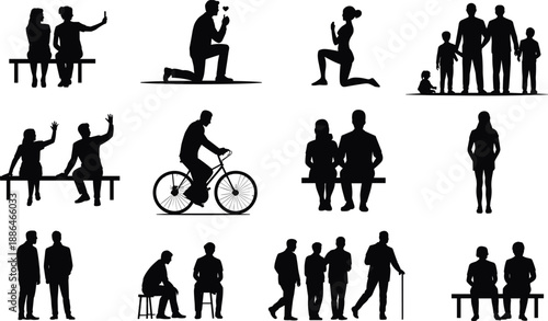 People silhouettes collection, family couple senior child activities, sitting walking cycling proposing praying poses, black vector illustration isolated on white background