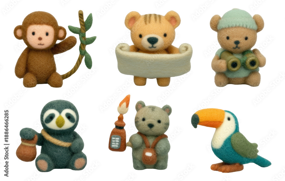 Fototapeta premium Cute Jungle Explorer Plush Animal Minis on Transparent Background for Crafting