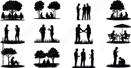 People silhouettes outdoor park collection, friends couples and groups talking meeting relaxing under trees, social lifestyle black vector illustration isolated