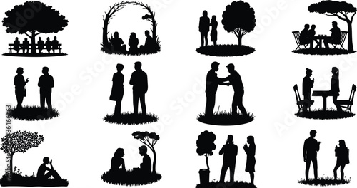 People silhouettes outdoor park scenes, friends couples and groups talking meeting relaxing under trees, social lifestyle black vector illustration isolated