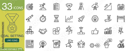 Goal setting icon collection for business success and achievement. simple outline symbol set representing strategy, target, and vision for web and mobile application design