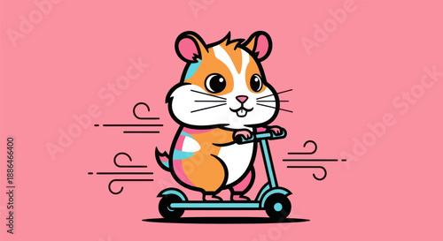Cartoon hamster riding scooter on pink background