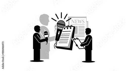 Journalists interviewing a person with microphone and notepad.