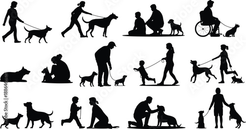 People walking dogs silhouettes collection, family pet activities outdoor, dog training and care moments, human animal interaction concept, black vector illustration