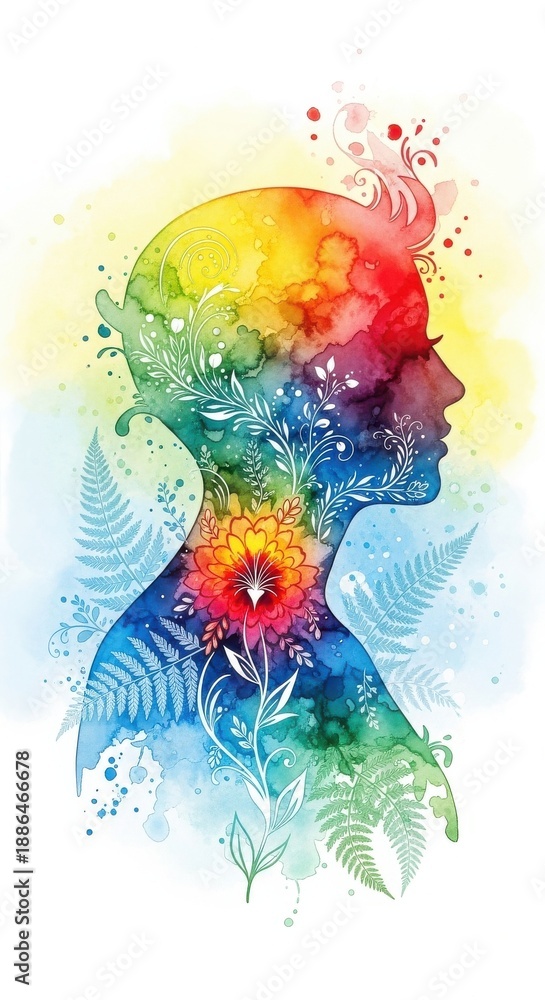 Obraz premium Colorful Silhouette Woman Mind Flowers Nature