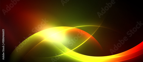 Abstract vibrant lines, curves, gradients. Bright yellow center radiates toward red, green hues. Dark background emphasizes luminosity.
