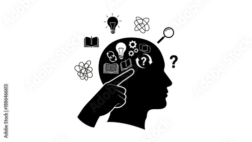 Silhouette of a human head with icons representing thoughts and ideas.
