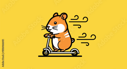 Cartoon hamster riding scooter on yellow