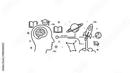 Human brain thinking about space exploration and education concepts.