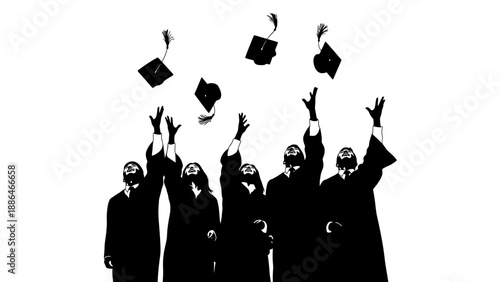 Graduation caps tossed in the air by students celebrating success.