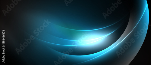 Abstract blue curves radiate from bright center. Smooth gradients create dynamic, flowing visual effect. Dark background emphasizes luminosity.