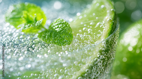 Sparkling soda bubbles on mint leaves and lime, fresh drink macro and refreshment concept