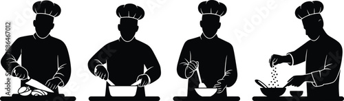 Professional chef cooking silhouettes chopping vegetables, stirring, mixing ingredients, seasoning dishes, minimalist black kitchen vector illustration set isolated on white background