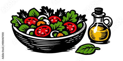 Graphic line art healthy food set featuring a fresh salad bowl, olive oil, and a green leaf for a restaurant menu
