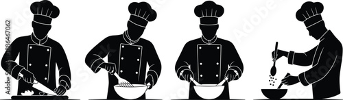 Professional chef cooking silhouettes showing chopping, whisking, mixing ingredients, seasoning food, minimalist black kitchen vector illustration set isolated on white background