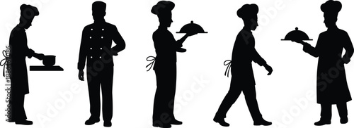 Professional chef silhouettes preparing meals, holding serving trays, restaurant kitchen and food service workflow, minimalist black vector illustration set isolated on white background