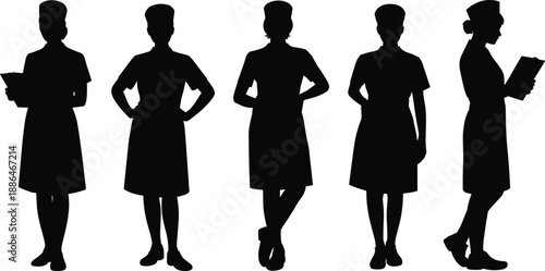 Professional female nurse silhouette set, medical healthcare worker standing poses, uniform cap clipboard, hospital staff, black vector illustration collection