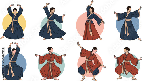 Traditional martial arts and asian dance vector set featuring figures in kimono robes performing various cultural poses and movements with colorful circular backgrounds.