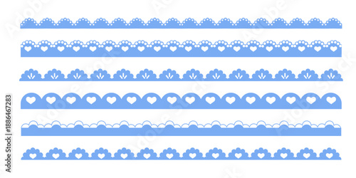 Scalloped edge blue lace border, cute textile frill stripe. scalloped border, frame, pattern isolated. Zigzag edge border, cutout decoration line frame collection