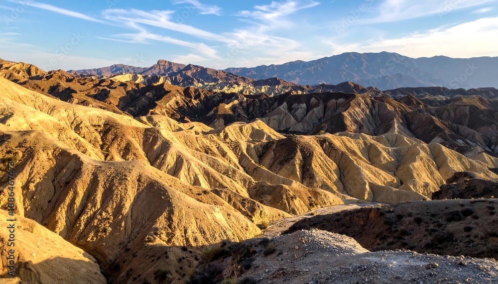 Obraz premium A desert landscape with rugged, golden brown hills