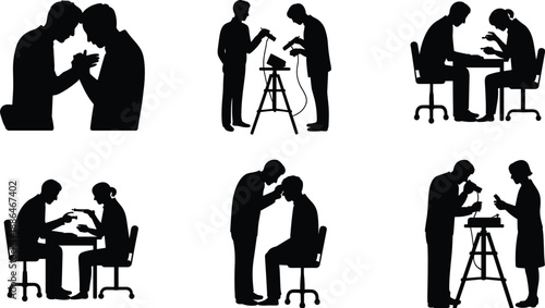 Professional people interaction silhouettes set, business discussion consultation interview teamwork scenes, men and women communicating, black vector illustration for office corporate concepts