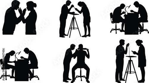 Professional people interaction silhouettes set, business discussion consultation teamwork scenes, men and women communicating, black vector illustration for office and corporate concepts