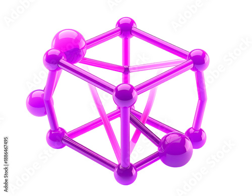 Rendered 3D geometric shape of connected spheres and lines, purple and pink